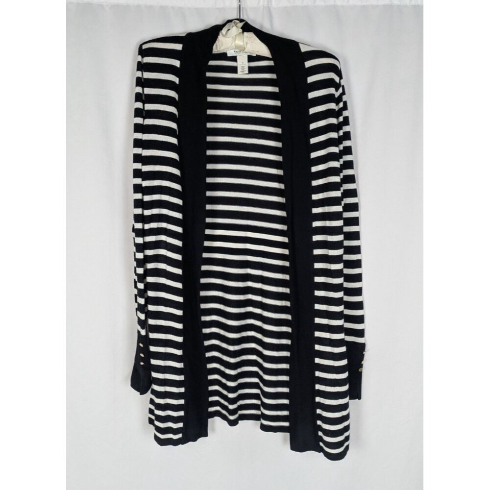 White House Black Market Striped Open Front Cardigan Button Cuff Sweater Black S